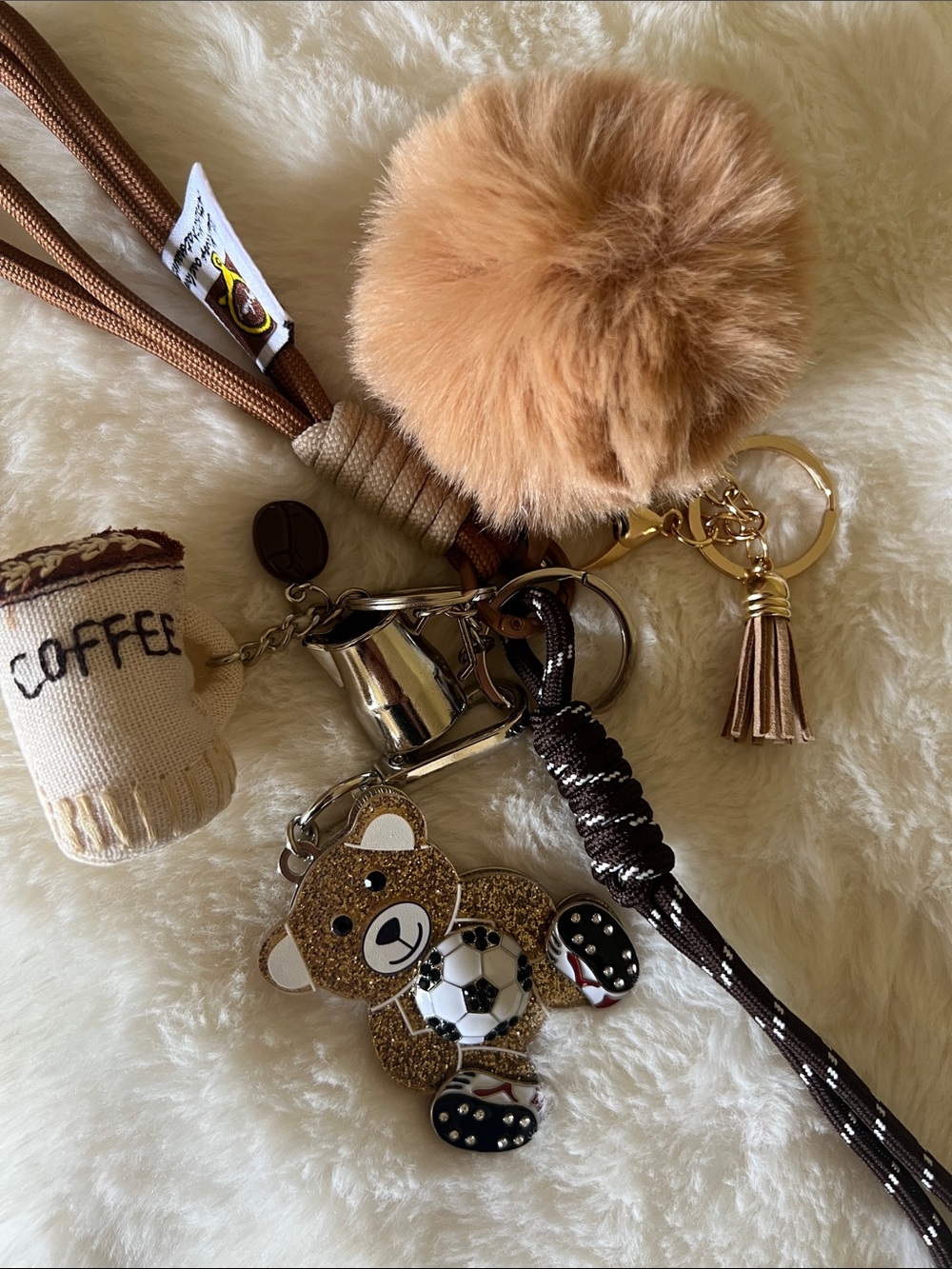β½οΈ Tan Pom Pom Keychain with Bear & Coffee Charms